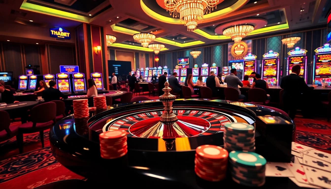 THABET casino scene featuring luxury roulette and dynamic slot machines.