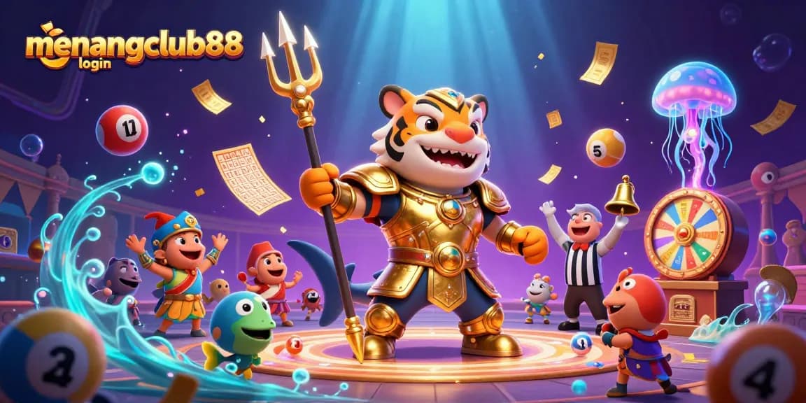 Engage in thrilling gameplay at menangclub88 login, featuring dynamic underwater casino elements like lottery balls and a tiger shark in armor.