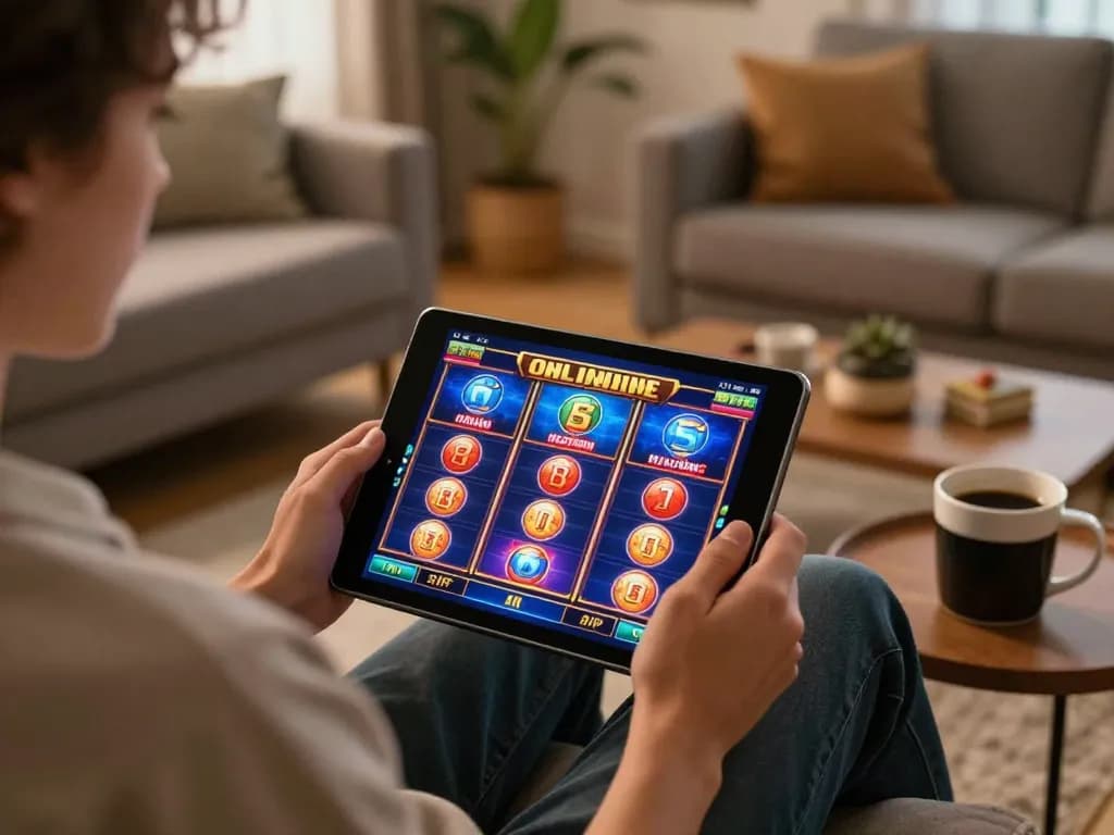 Engaging in online slot games at home with ทางเข้า m105 in a cozy living room environment.