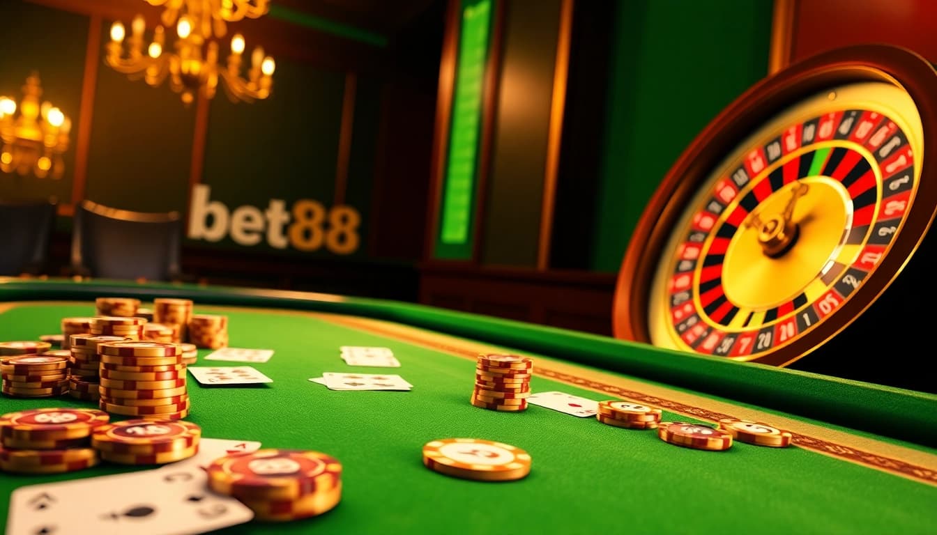 A player celebrates a win at bet88.com with poker chips and cards in an exciting casino scene.