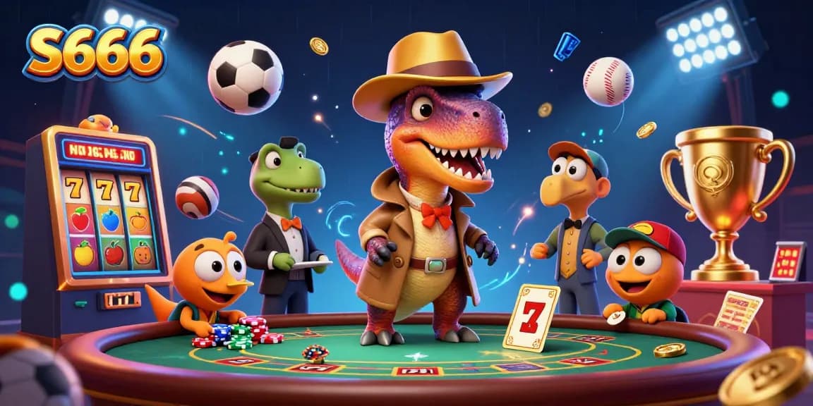 Experience thrilling wins at S666 casino with a vibrant 3D scene of animated characters and gaming elements.