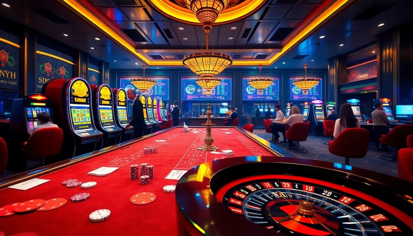 Players enjoying various games at https://rr88.pizza/ casino with vibrant colors and excitement.