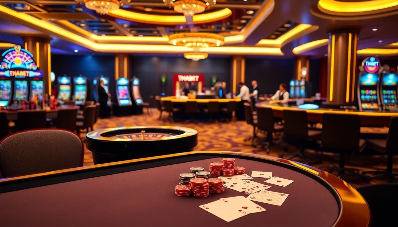 Players engaging with THABET-themed casino games at an upscale gambling venue.