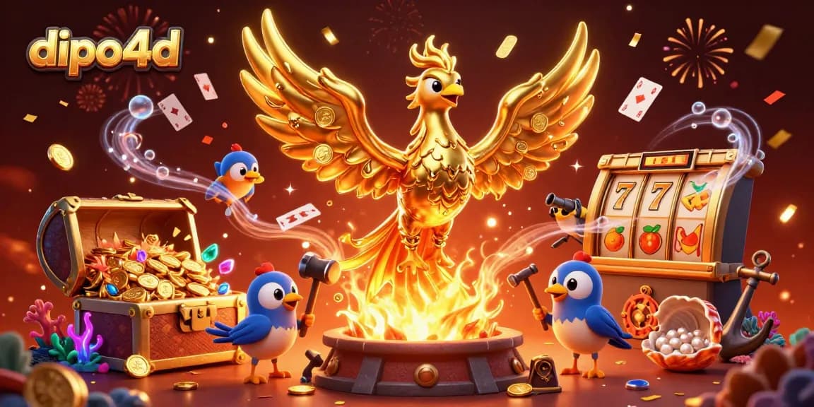 Dive into the thrilling dipo4d slot adventure with golden phoenix, slot reels, and colorful gems.