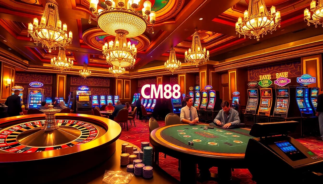 Experience the thrill of CM88 in a vibrant casino atmosphere with roulette, slots, and poker excitement.