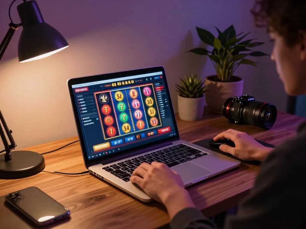 Engaging player on designitezy using a laptop for exciting online casino slot games.