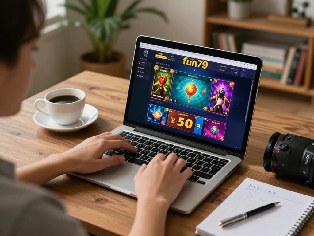 Person playing on nhà cái fun79 online casino, showcasing vibrant game interface and strategic notes.