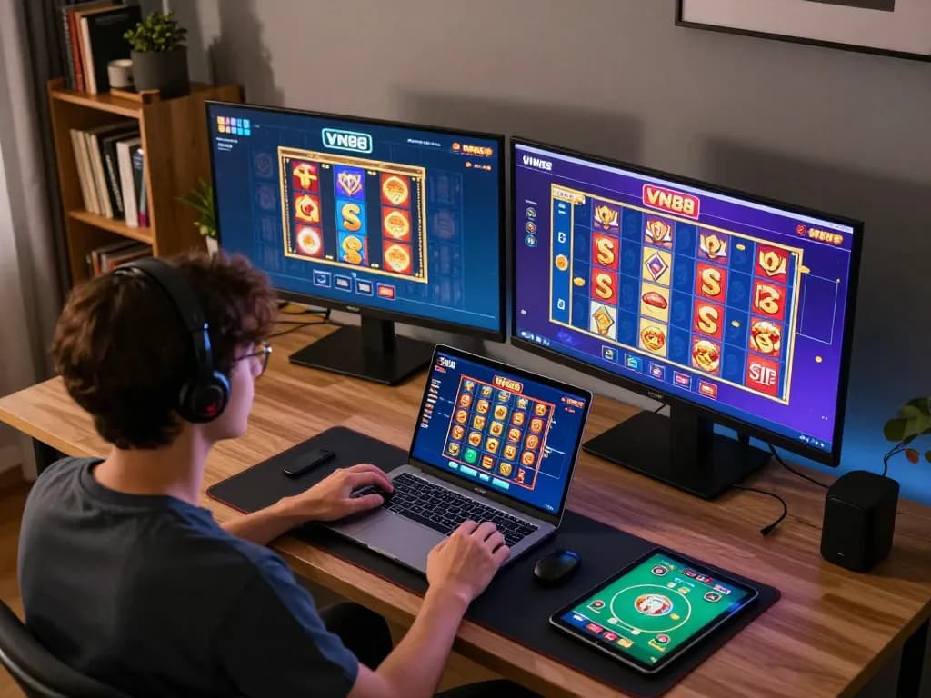 Engaging in strategic gaming on VN88 mobile app in a stylish home workspace.