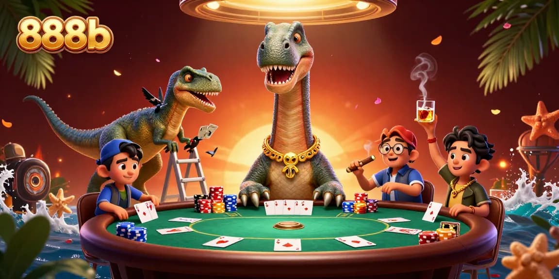 Experience thrilling poker action at 888b with a brontosaurus dealer and raptor at the table.