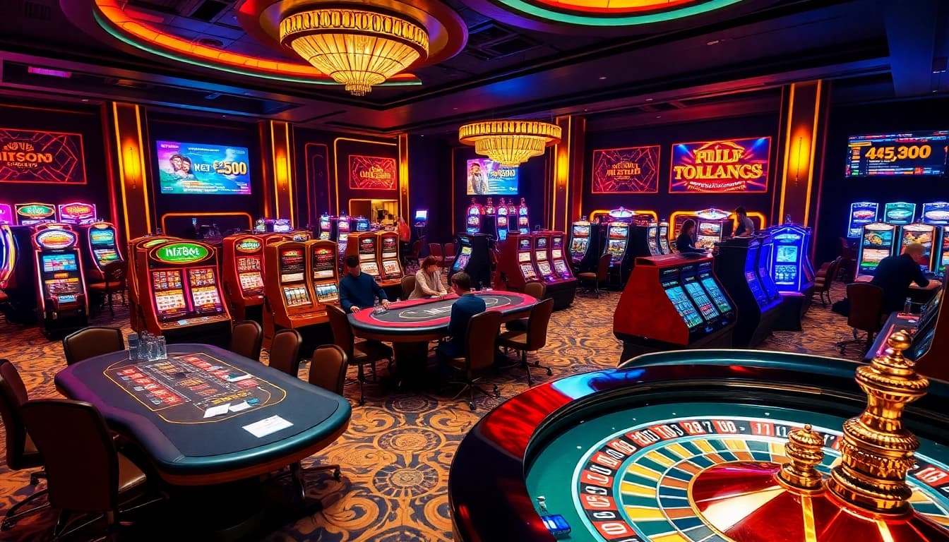 Experience the vibrant gaming floor at Hi88 casino, featuring poker tables and slot machines.