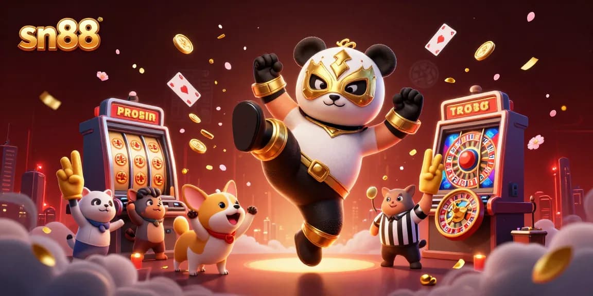 sn88 showcases a vibrant casino scene with a wrestler panda, coins, and colorful slot machines.