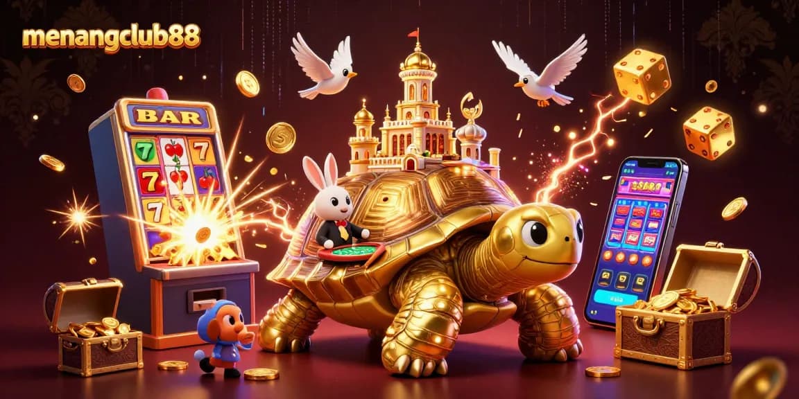 Experience excitement at menangclub88 with a vibrant scene filled with gold coins and casino games.