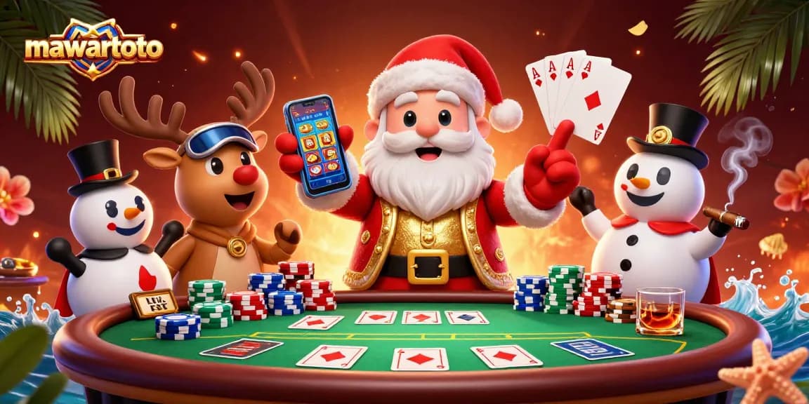 Engage in thrilling games with mawartoto at the vibrant casino featuring Santa, poker chips, and a winning atmosphere.