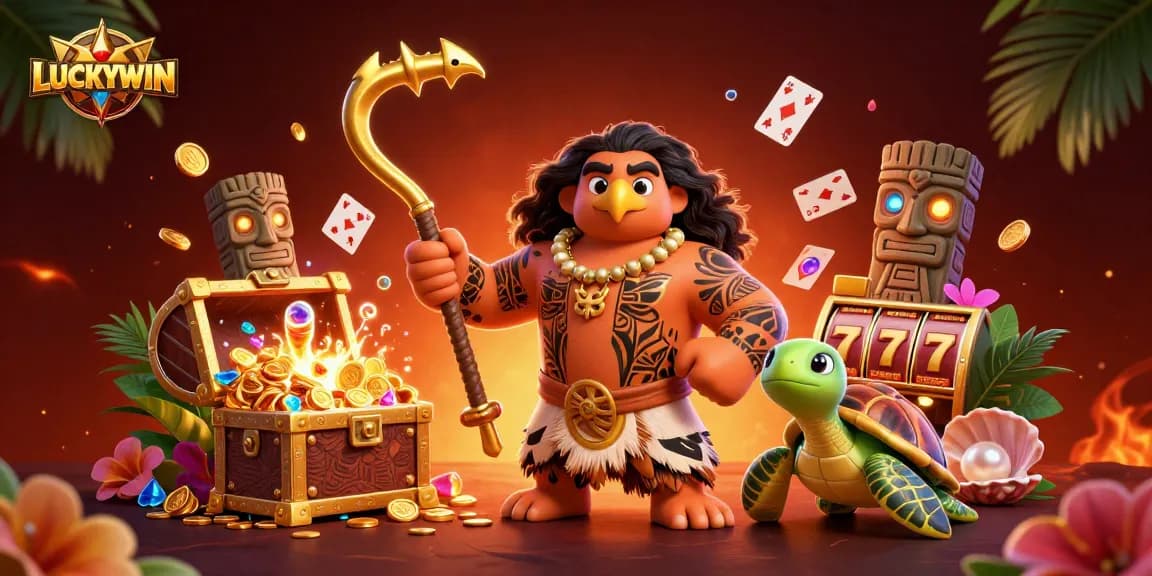 LUCKYWIN showcases a vibrant casino scene with a demigod hawk and a turtle amidst slot game elements.