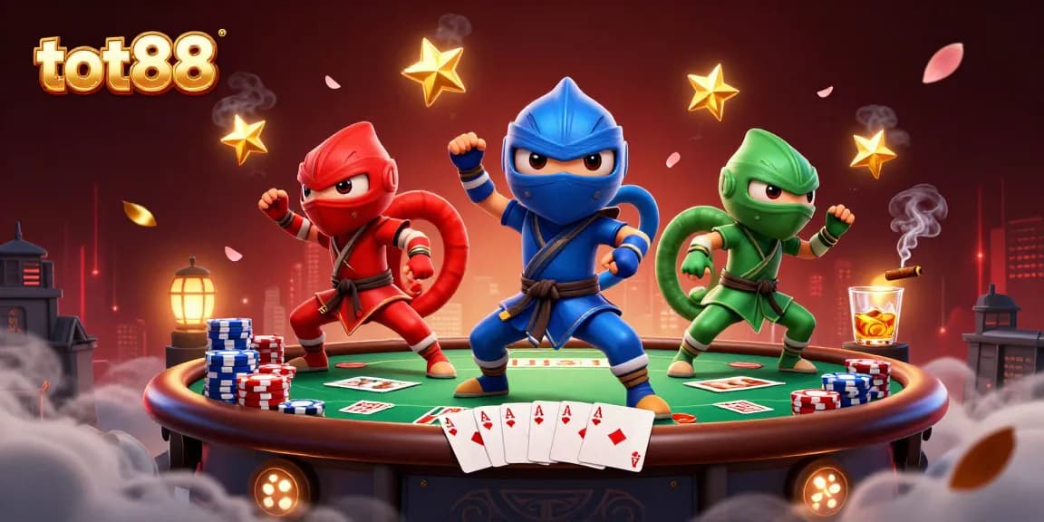 Experience thrilling poker action with tot88's 3D ninja chameleons amidst dynamic casino elements.