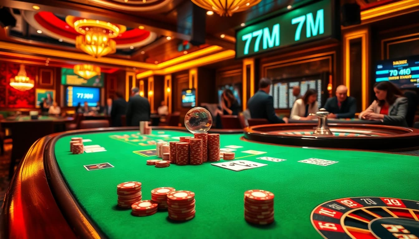 Gambler enjoying an exciting game at a casino table featuring 7M poker chips and cards.