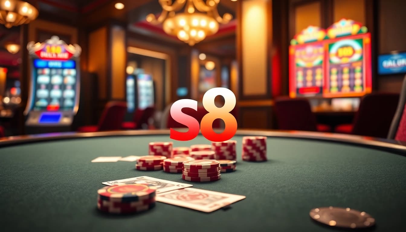 Experience high-stakes excitement at s8 nhà cái's premium poker table, complete with vibrant chips and cards.