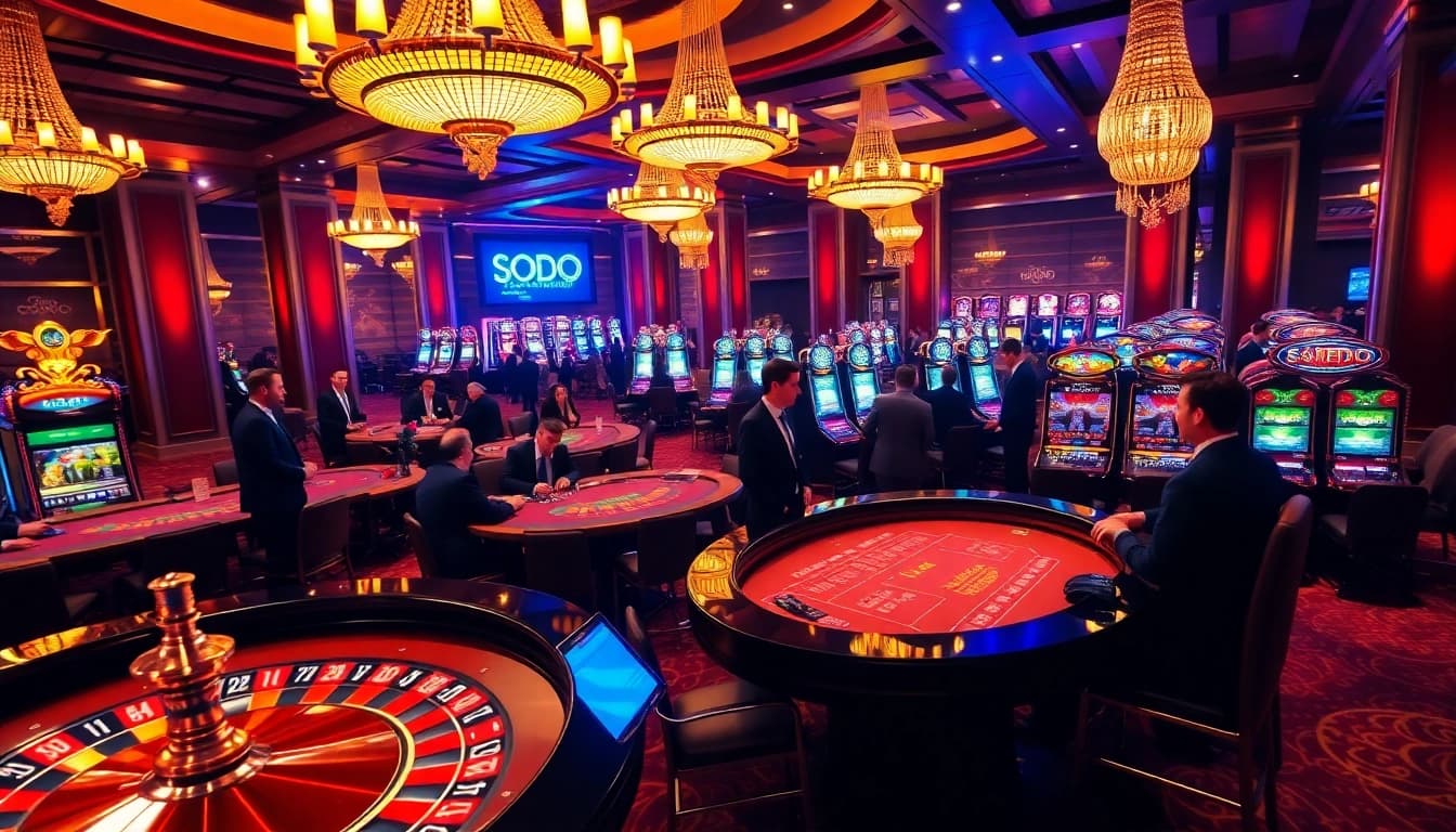 SODO harnesses the thrill of gambling at a luxurious casino with roulette and poker tables.