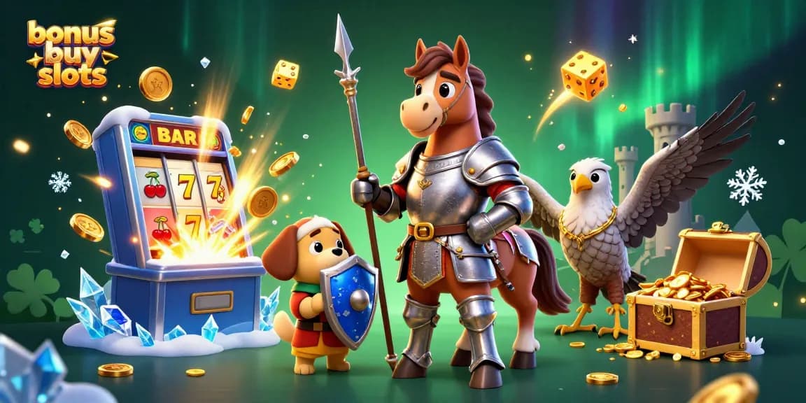 Experience thrilling bonus buy slots with a knight and playful squire in this vibrant casino scene.