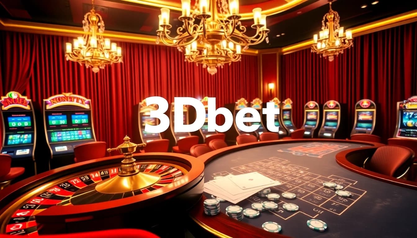 Experience the thrilling atmosphere of 3Dbet with a vibrant casino scene featuring roulette and poker games.