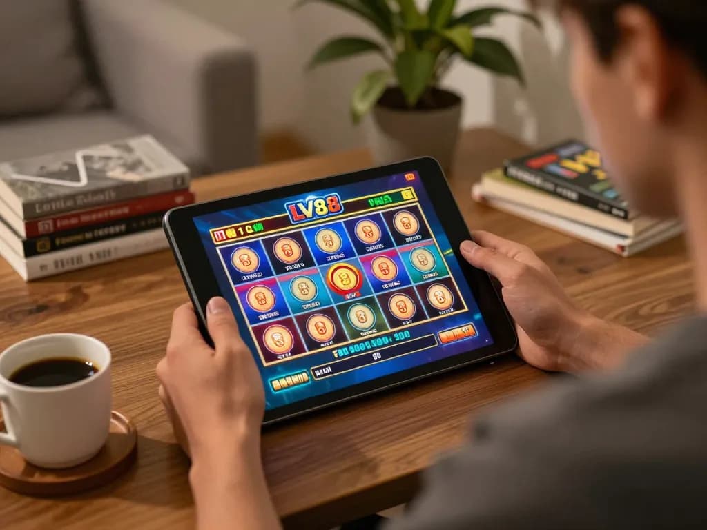 Playing LV88 online casino games at home with tablet and cozy atmosphere.