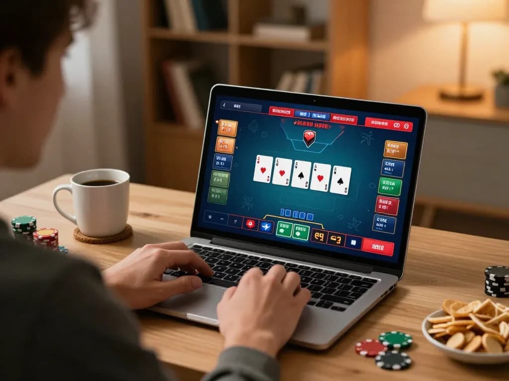 Engaging in an online poker game on QQ88 in a cozy home office setting, showcasing the thrill of digital gambling