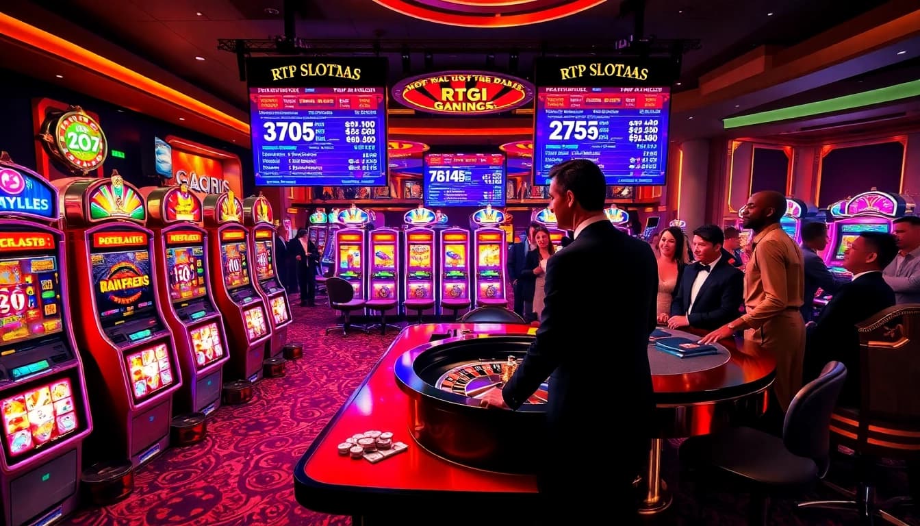 Excited players enjoying RTP Slot Live while monitoring real-time percentages at an upscale casino.