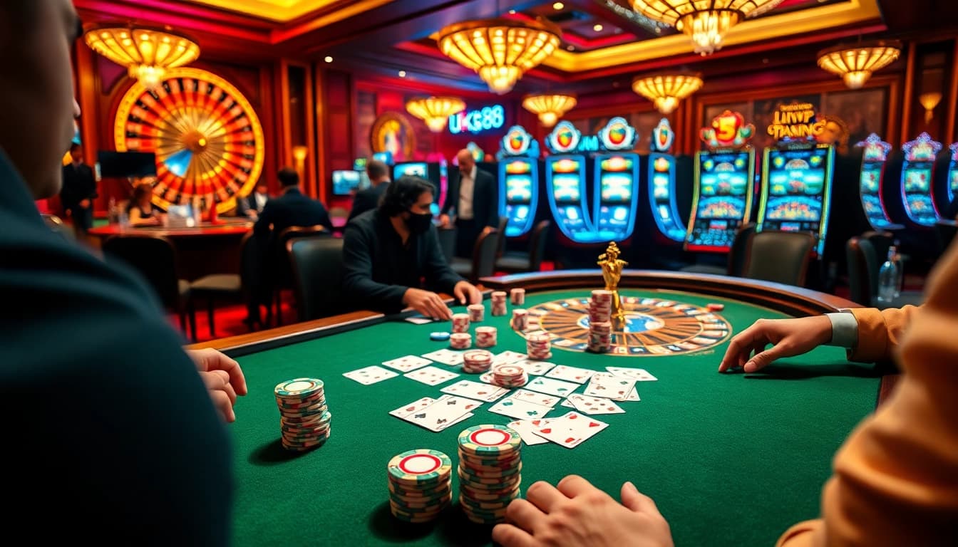 Players winning at poker in a luxurious casino setting featuring uk88 gaming elements.