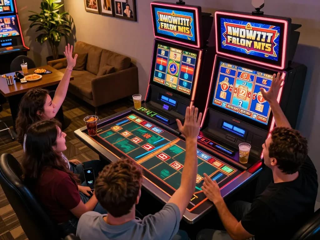 Fokus777 players celebrating wins on vibrant slot machines while enjoying a cozy home gaming atmosphere