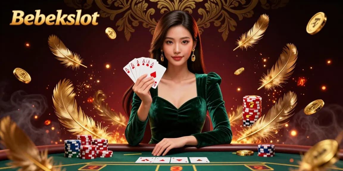 Bebekslot offers a vibrant gaming experience, featuring a beautiful Asian dealer at a poker table with dynamic gambling elements.