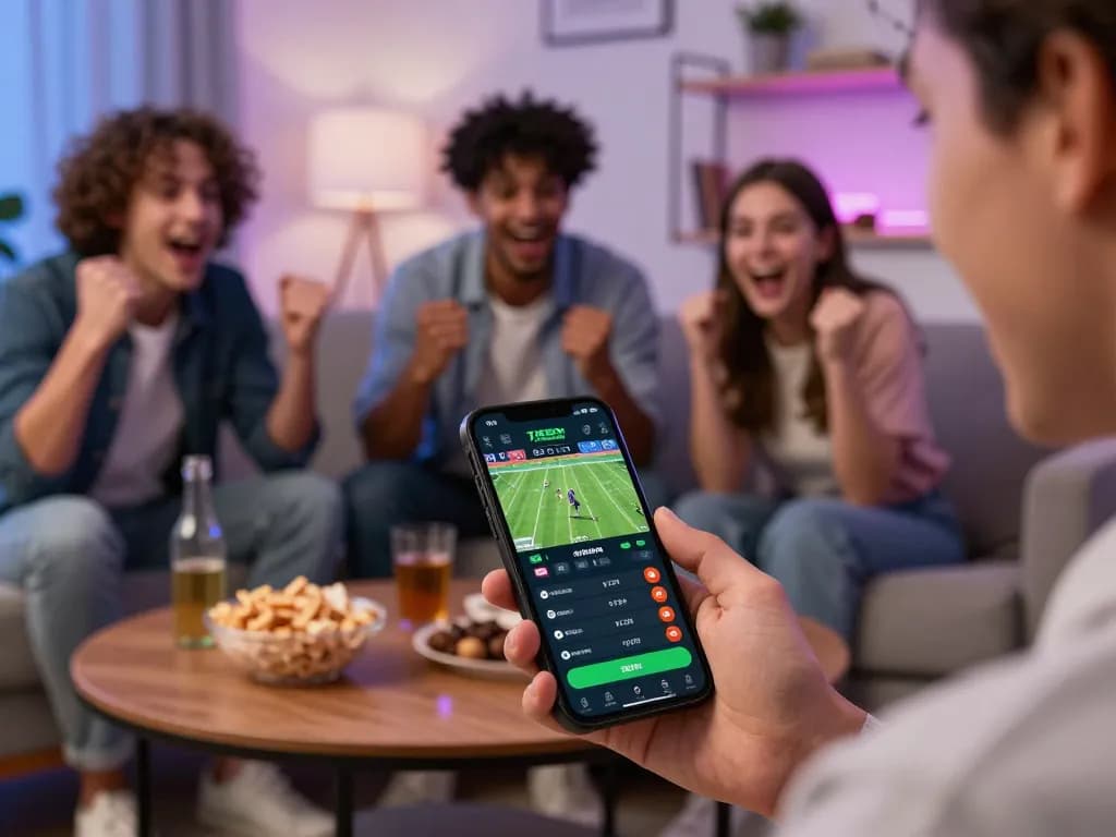 Engaged soc88 user placing live sports bets with smartphone in cozy home setting