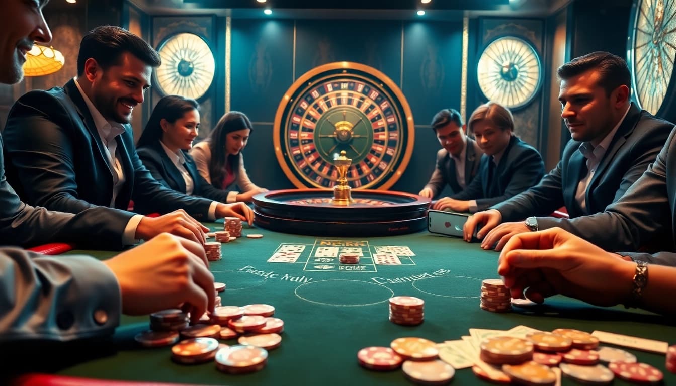 Exciting game bài đổi thưởng action with players engaged at a luxurious casino table.