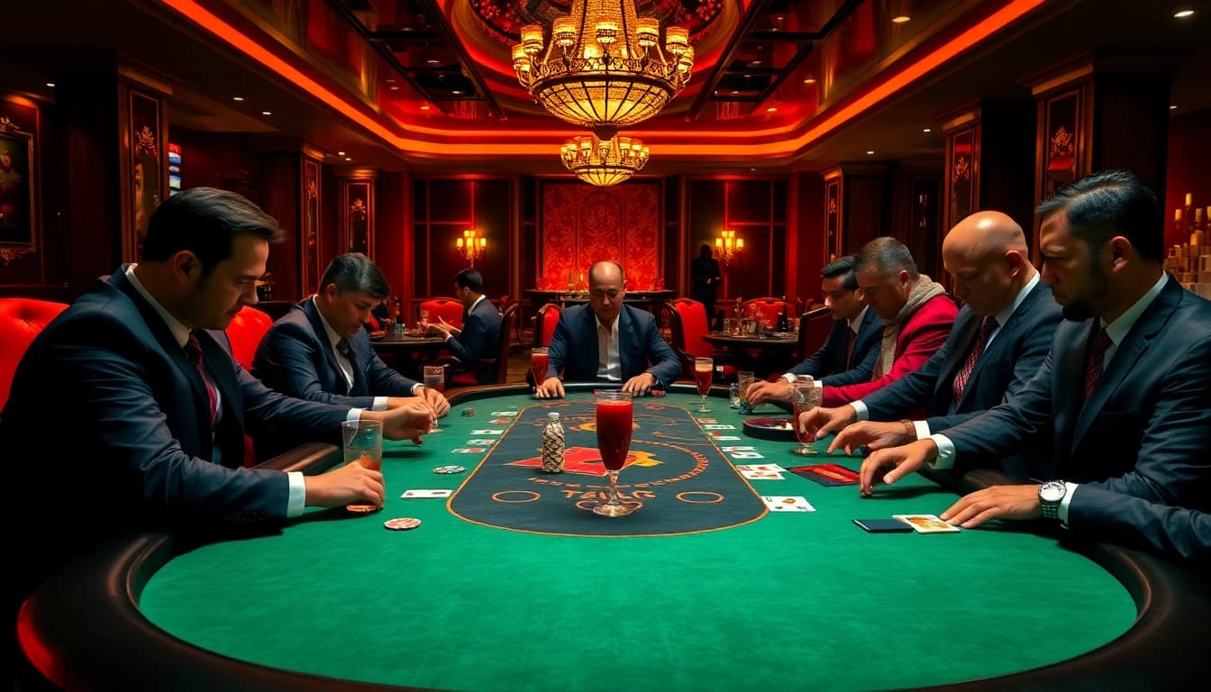 Daga poker players strategizing at a high-stakes table, showcasing excitement and luxury.