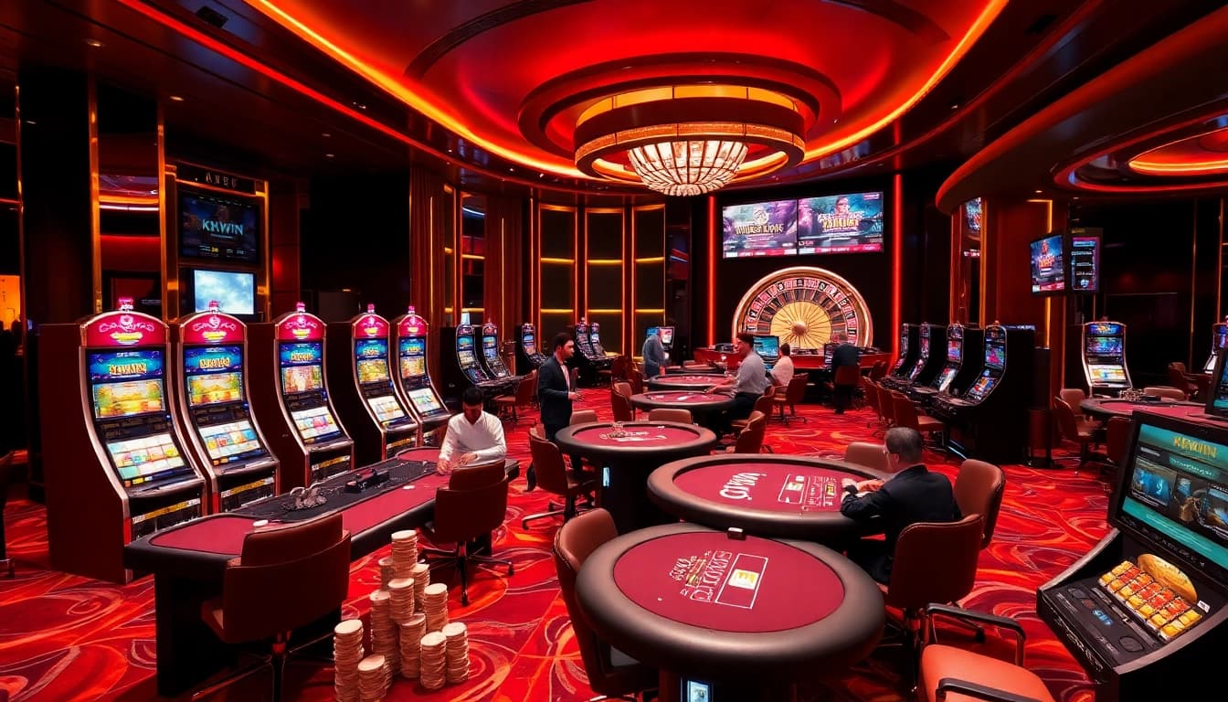 Kkwin players enjoying a thrilling game at a luxurious casino table with vibrant slot machines in the background