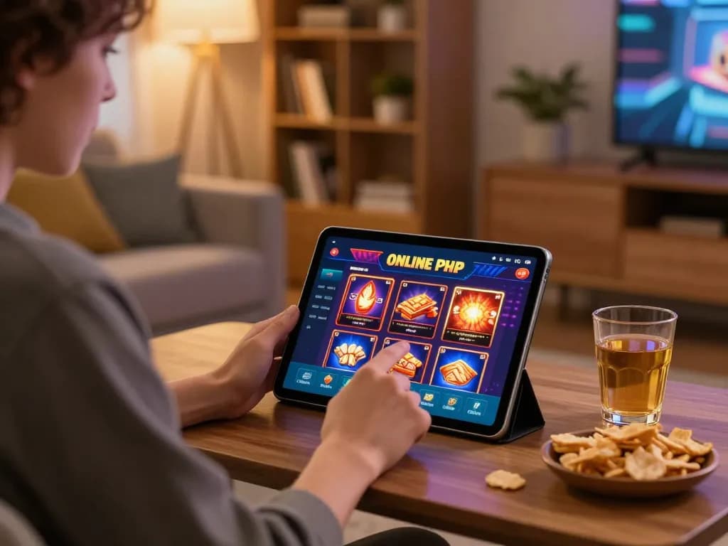 Enjoying JUN88 online slots in a cozy home setting with a tablet and snacks.