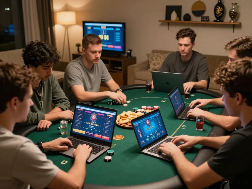 Engage in online poker at trang chủ mu88 with a welcoming home setup, players focused on their screens.