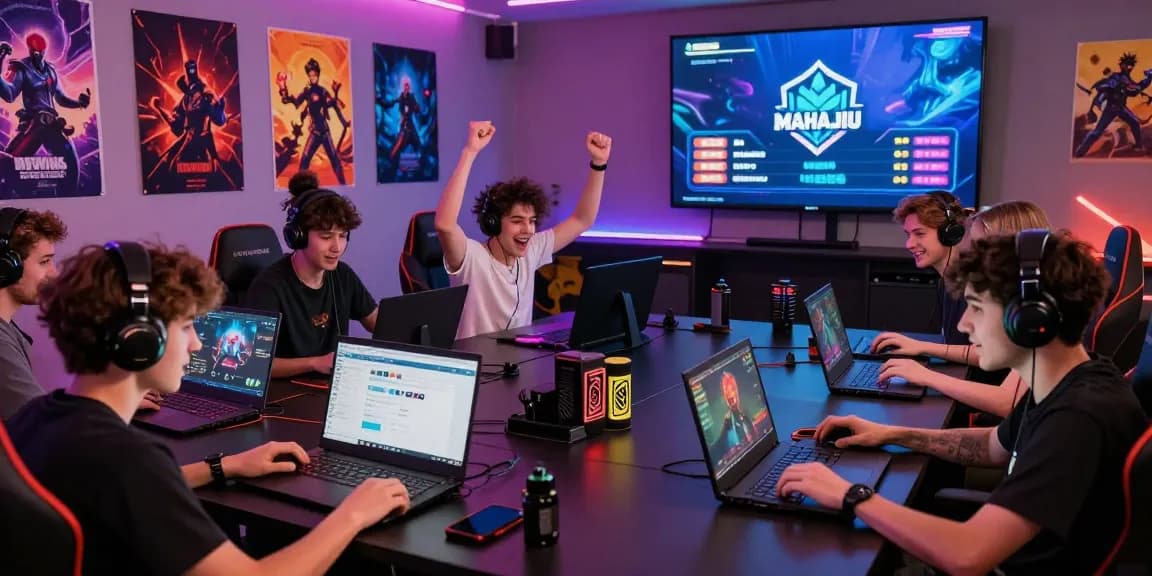 Team of diverse players enjoying games on Mahajitu platform in lively gaming lounge.