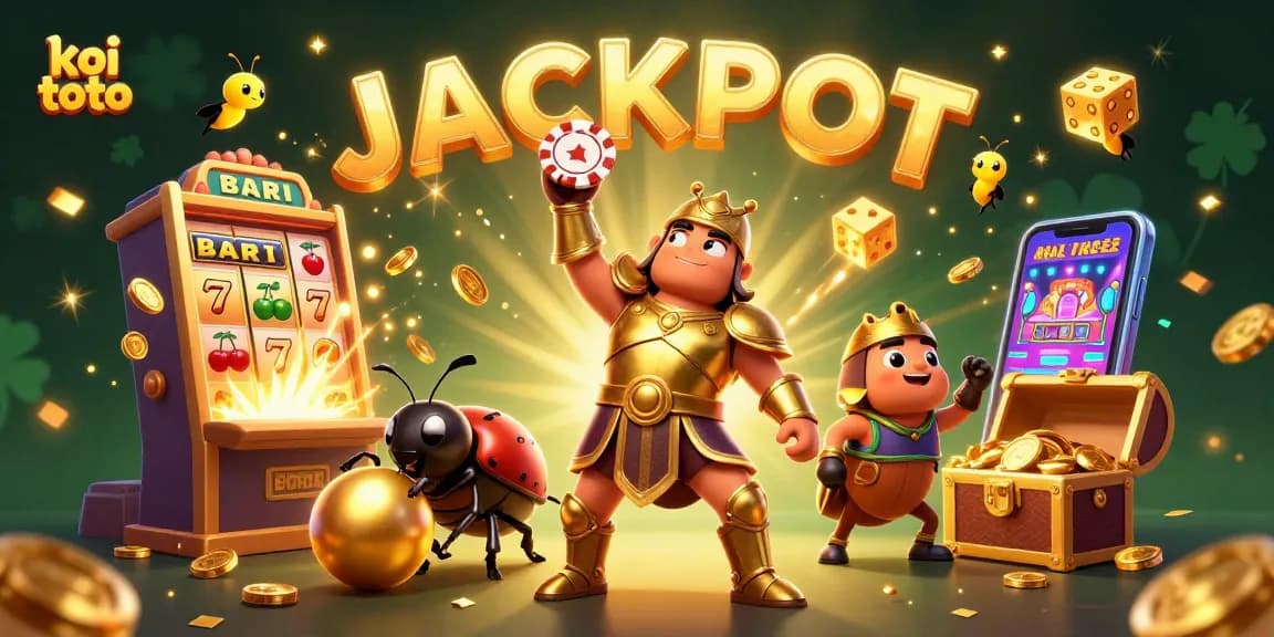 Experience the thrill of koi toto with a dynamic 3D scene featuring heroes celebrating winning at slots and poker.
