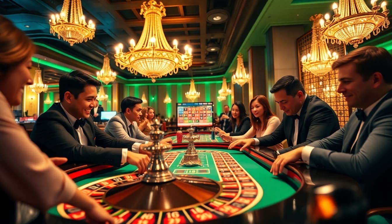 Engaged players at a roulette table in the lively Diwa 777 casino, showcasing excitement and luxury.