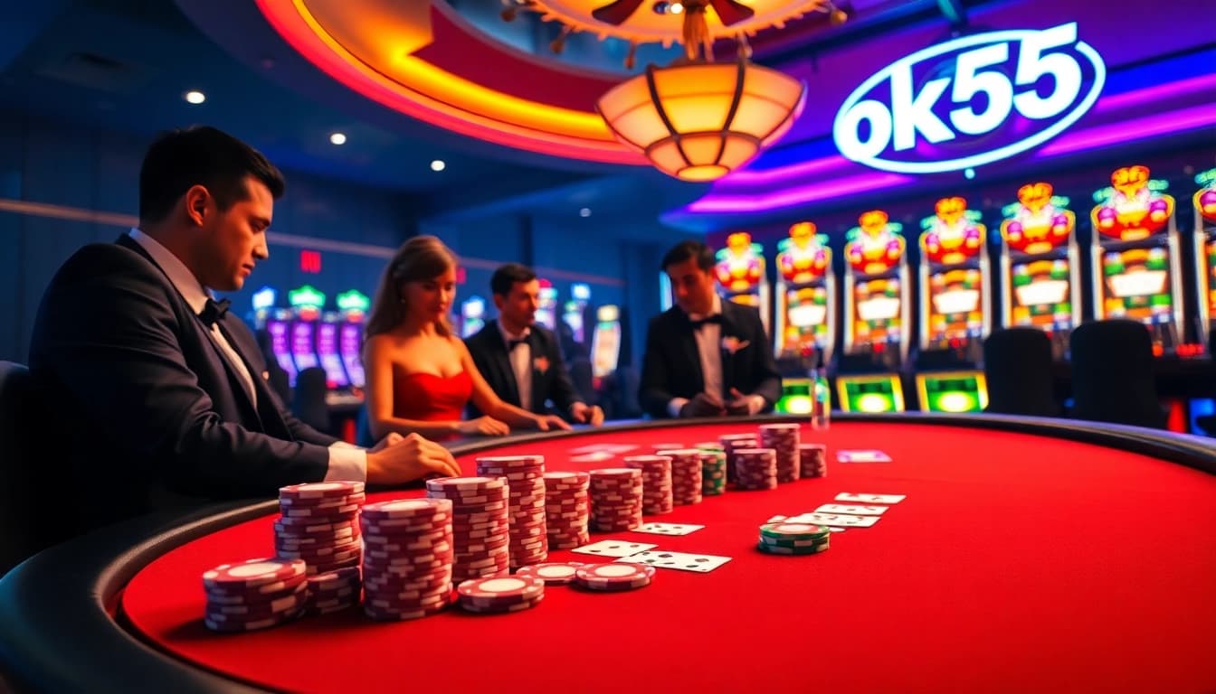 Excited players at an ok365 branded poker table enjoying vibrant casino atmosphere.
