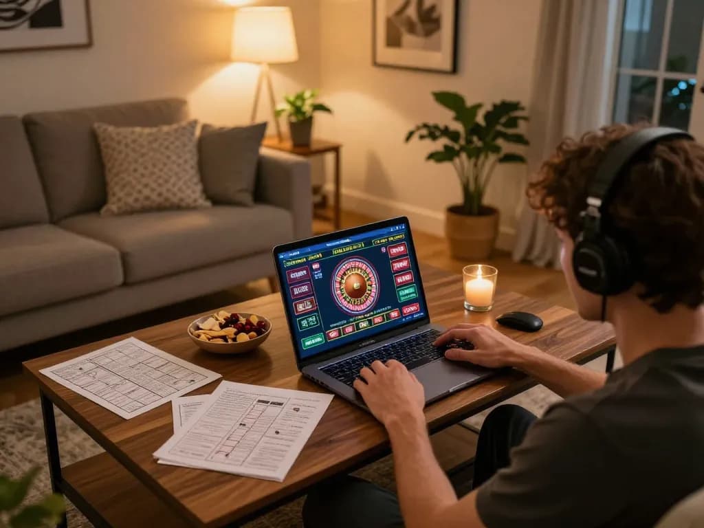 Player enjoying BK8 live dealer game on laptop in cozy living room setting