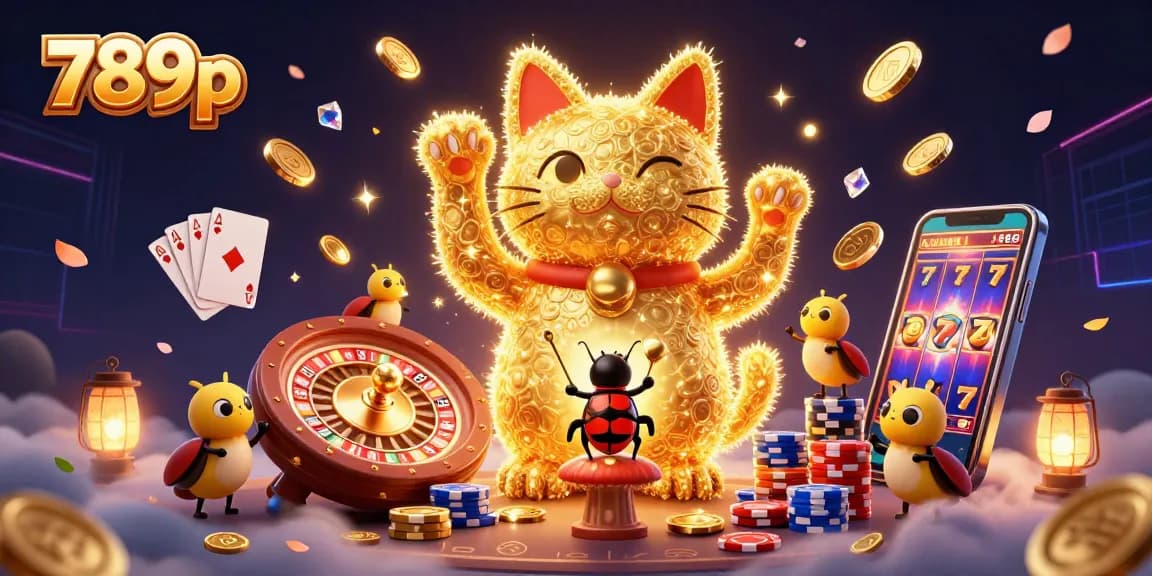Experience the magic of 789p with a whimsical illustration of a lucky cat and dynamic casino elements.