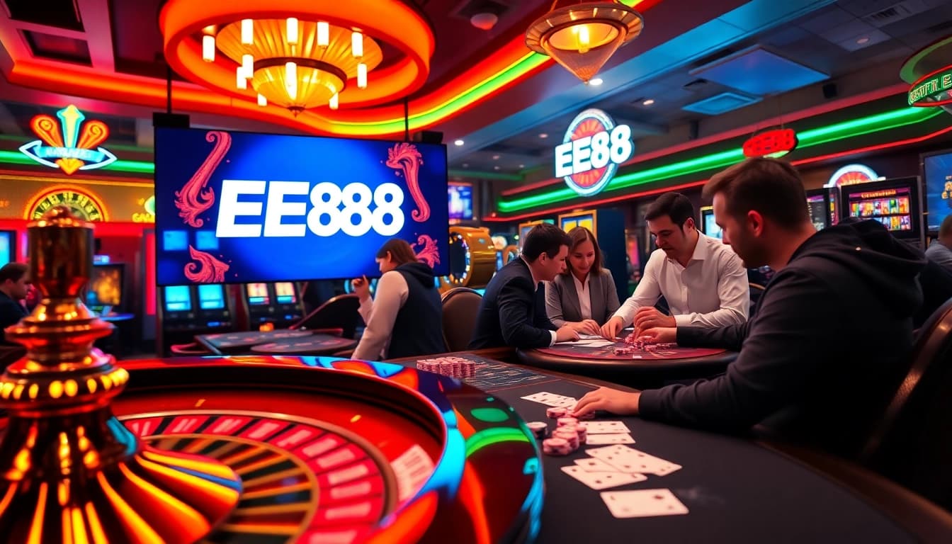 Exciting EE88 online gambling scene with roulette, cards, and players.