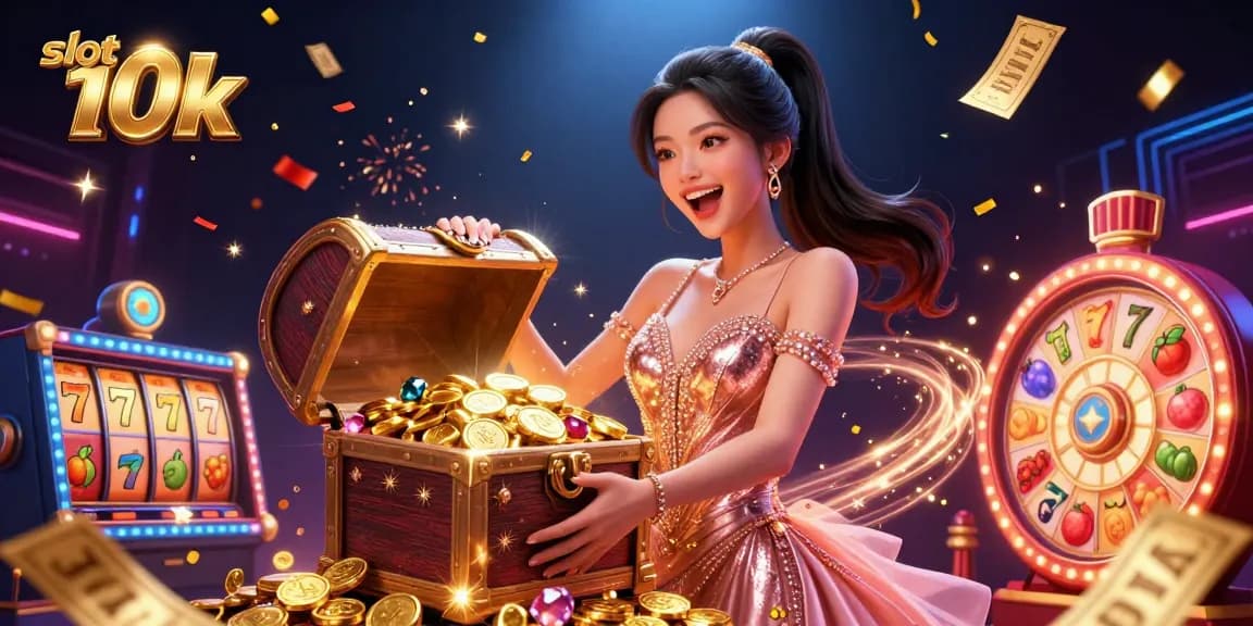 Experience the thrill of slot 10k with vibrant visuals of jackpots and treasures overflowing in a dazzling casino.