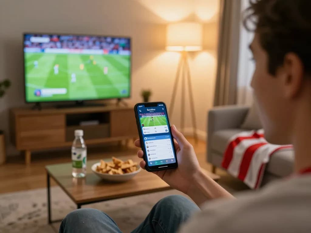 Socolive user engaging with live football betting on smartphone, enjoying a home viewing experience