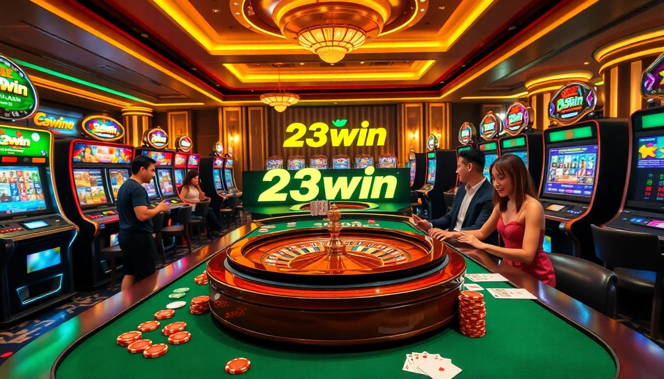Experience thrilling gameplay at 23win with vibrant casino scenes, exciting wins, and professional setups.