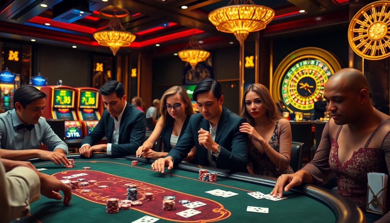 Gambling excitement at XX88 poker table with vibrant chips and cards in a luxury casino.