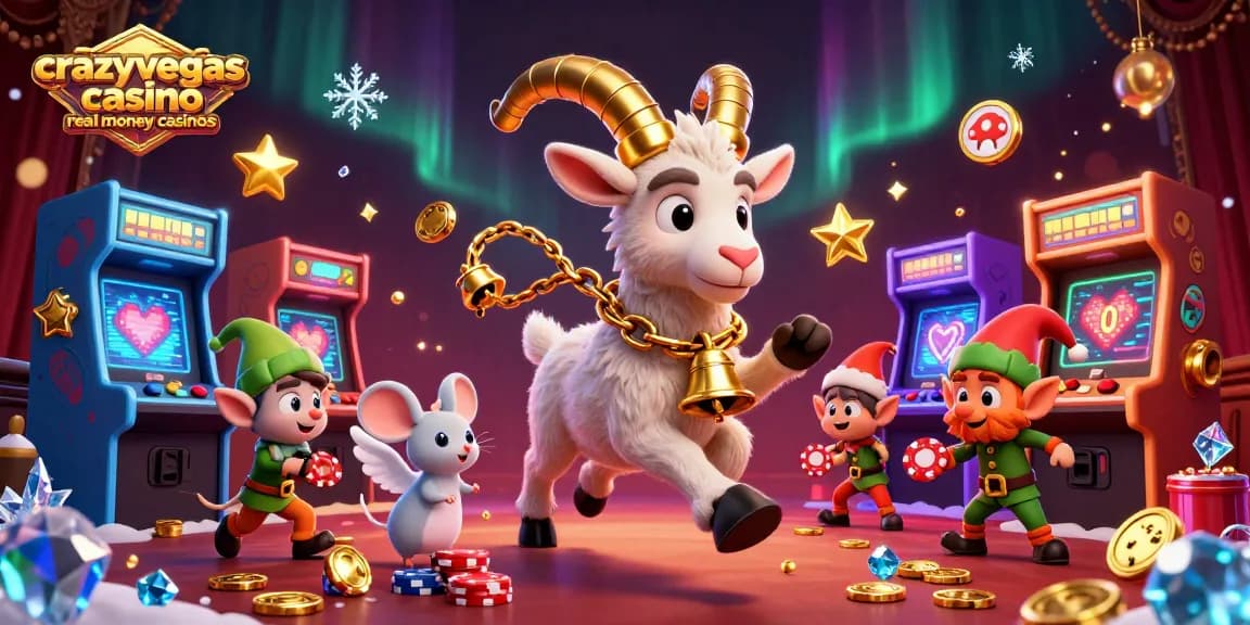 Engaging scene of crazyvegas casino real money casinos with Krampus and colorful arcade elements.