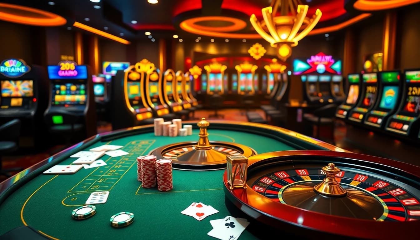 Engaging casino scene featuring Jun88 gaming with vibrant poker chips and roulette.