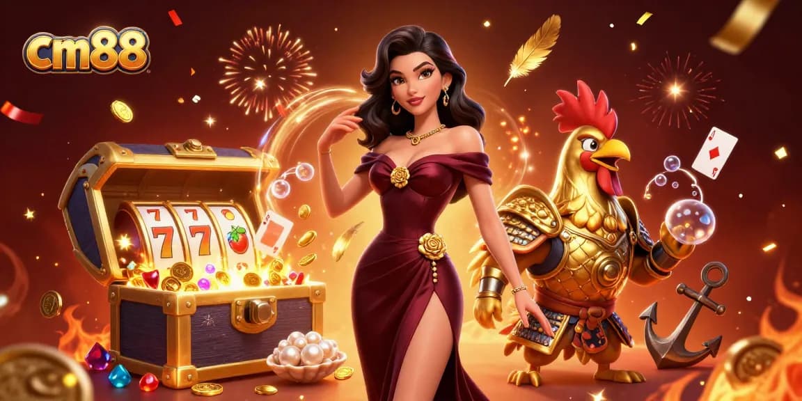 Experience the thrill of cm88 with a glamorous casino scene of vibrant characters and rich game elements.
